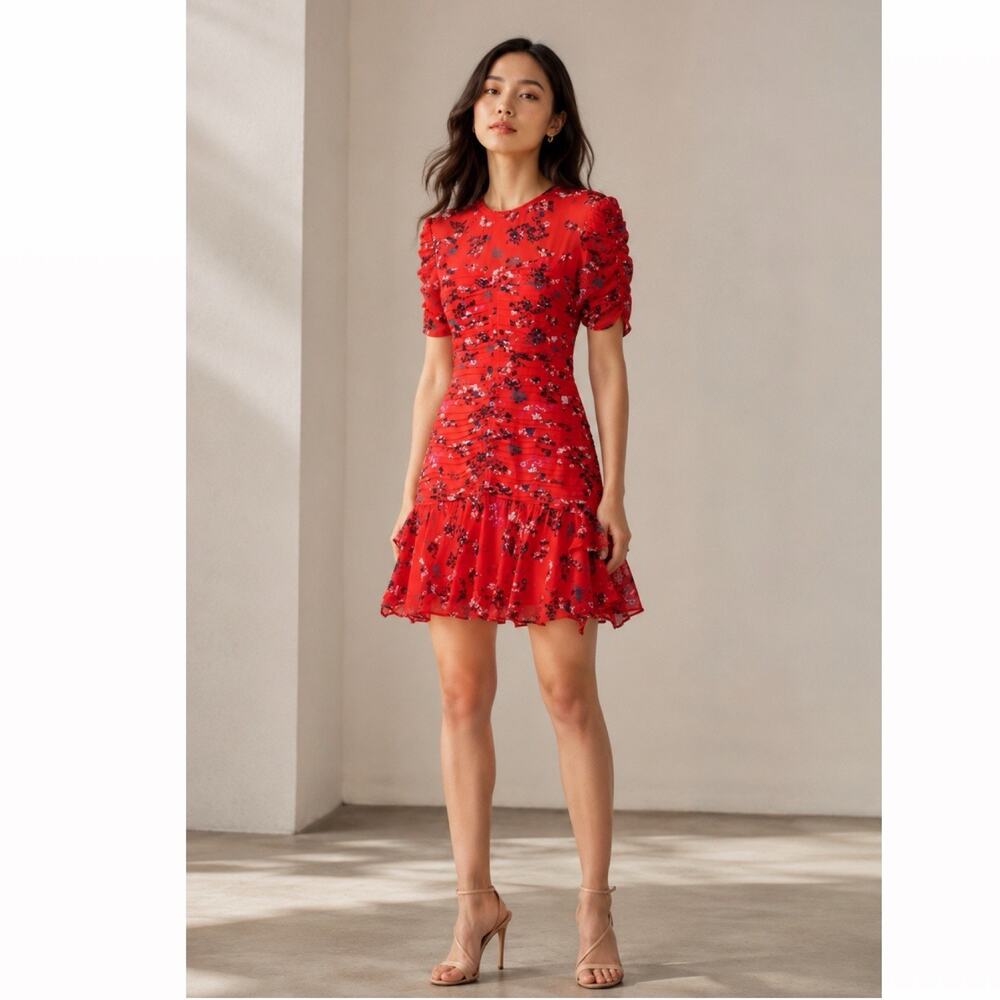 Tanya Taylor Carti Silk Dress Red Floral Size 4 Romantic feminine Designer chic